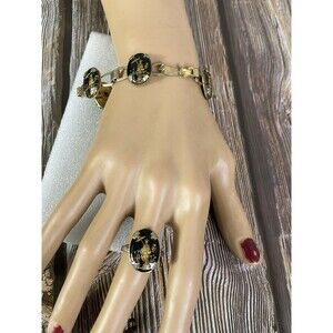 VTG Rare Set 2 Pc Black Gold Chinese Panel Set  Lucite Dome Bracelet Ring  Asian